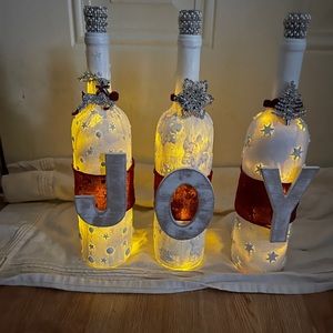 Repurposed Upscale wine Bottle Art Joy Christmas Decoration